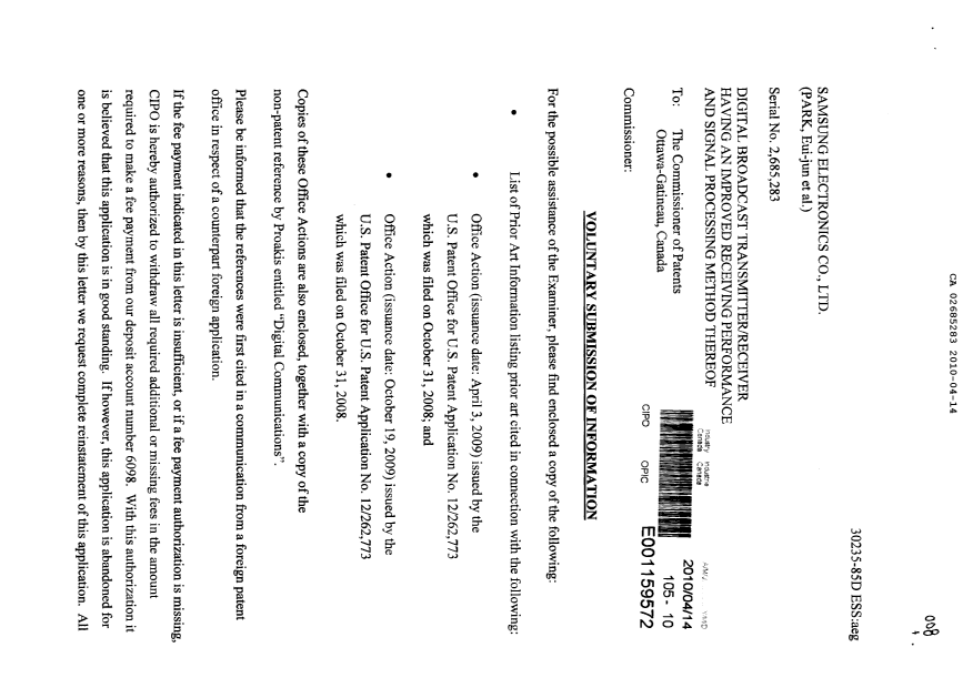 Canadian Patent Document 2685283. Prosecution-Amendment 20100414. Image 1 of 2