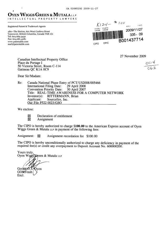 Document de brevet canadien 2685292. Cession 20091127. Image 1 de 4