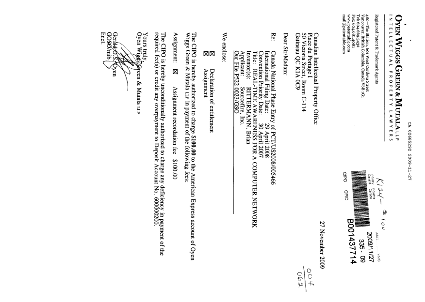 Canadian Patent Document 2685292. Assignment 20091127. Image 1 of 4