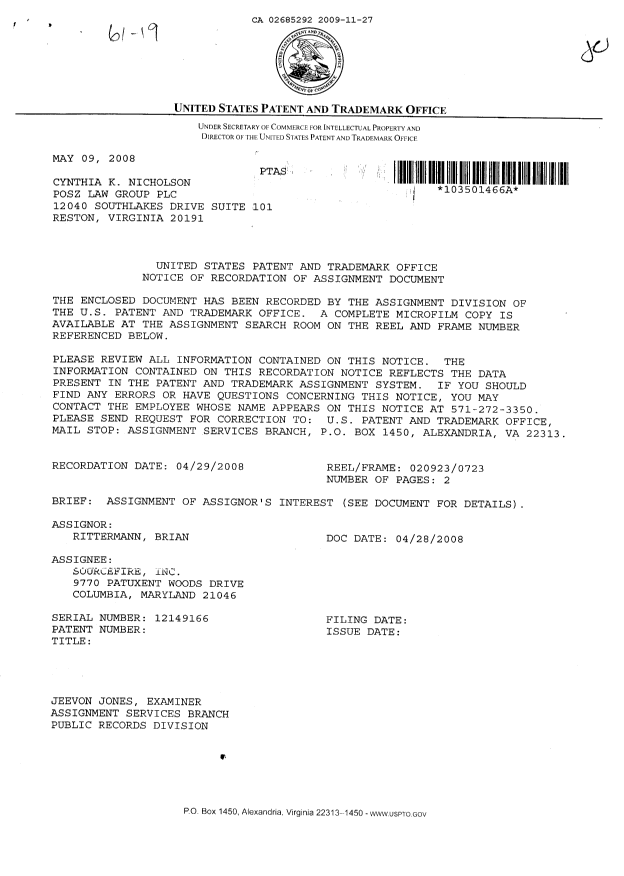 Canadian Patent Document 2685292. Assignment 20091127. Image 2 of 4