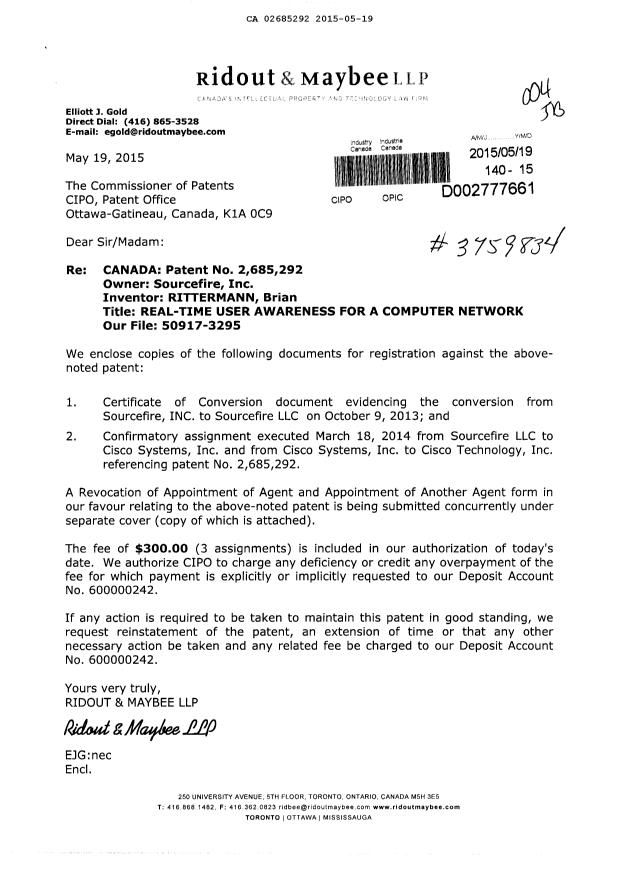 Document de brevet canadien 2685292. Cession 20150519. Image 1 de 29