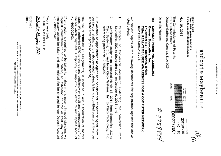 Canadian Patent Document 2685292. Assignment 20150519. Image 1 of 29