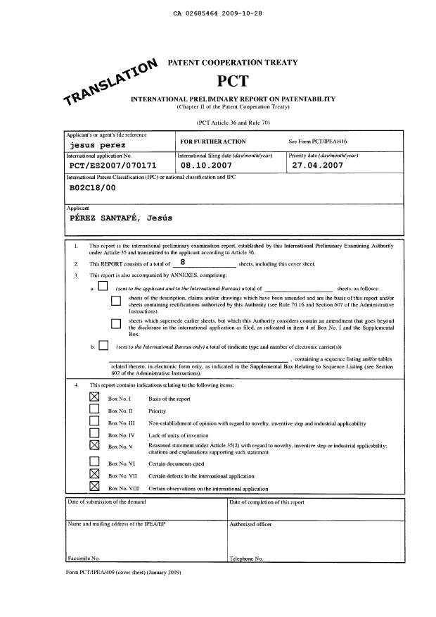 Canadian Patent Document 2685464. PCT 20081228. Image 1 of 8