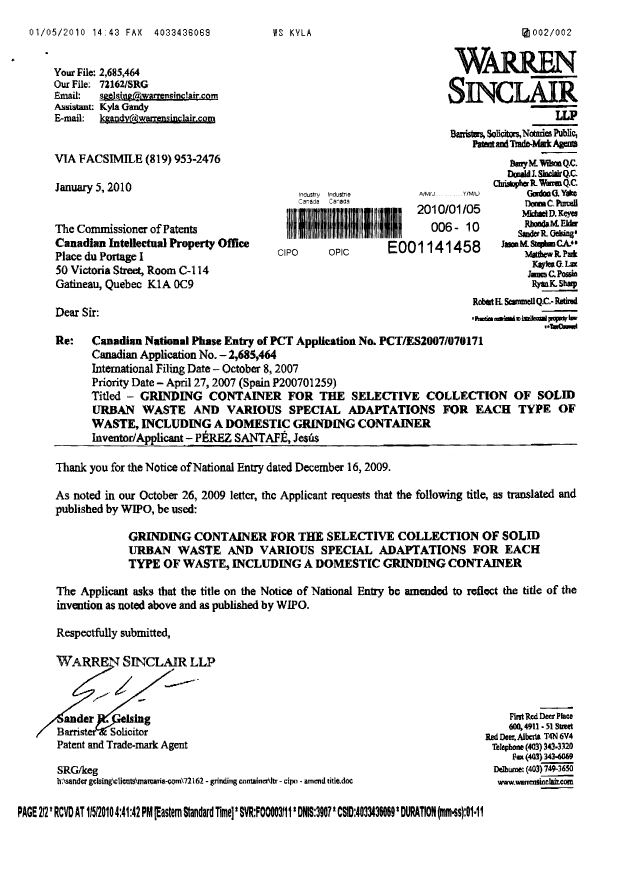 Document de brevet canadien 2685464. Correspondance 20091205. Image 2 de 2