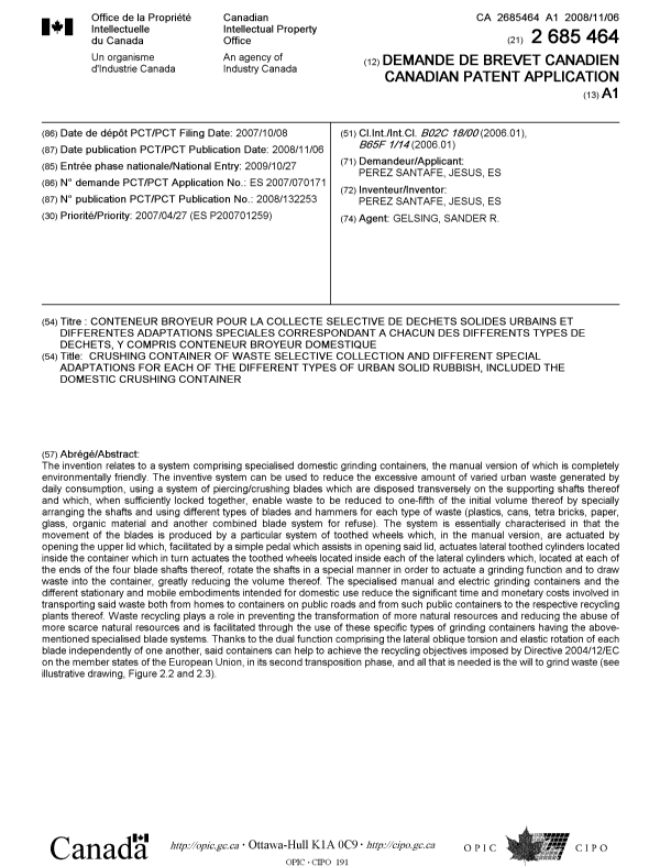 Document de brevet canadien 2685464. Page couverture 20100107. Image 1 de 1