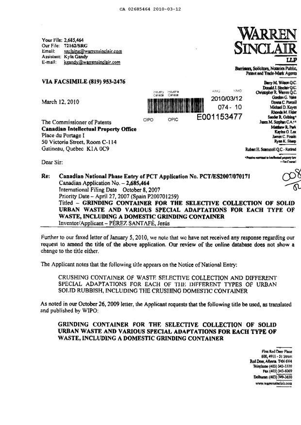 Document de brevet canadien 2685464. Poursuite-Amendment 20100312. Image 1 de 3