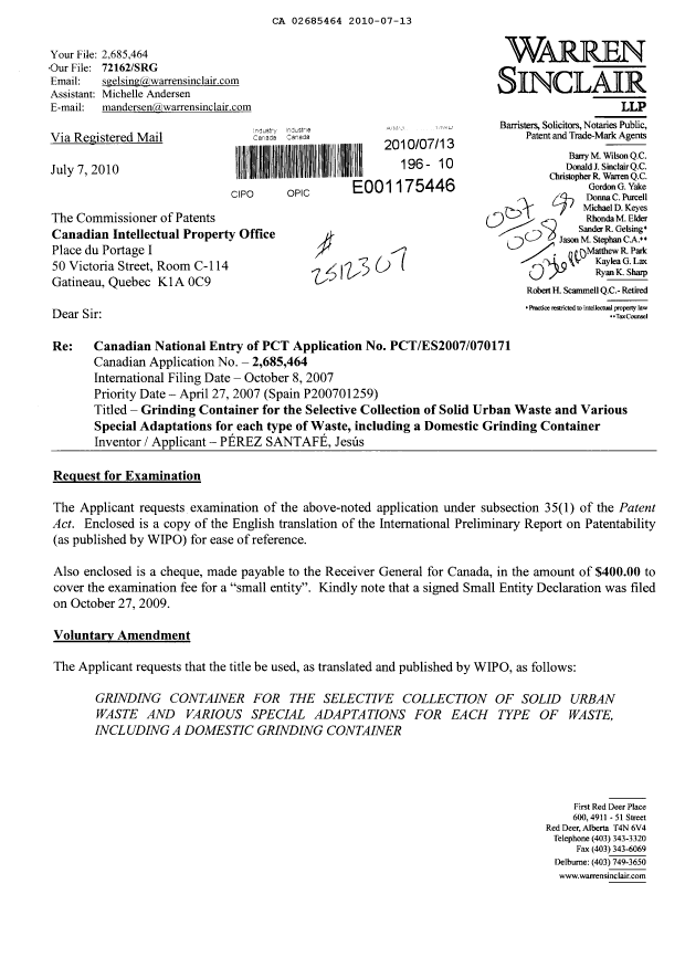 Document de brevet canadien 2685464. Poursuite-Amendment 20100713. Image 1 de 3