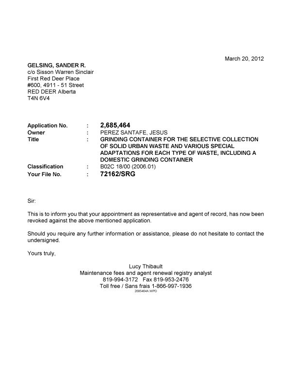 Document de brevet canadien 2685464. Correspondance 20120320. Image 1 de 1