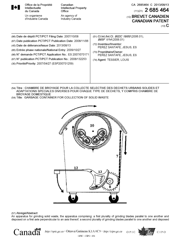 Document de brevet canadien 2685464. Page couverture 20130722. Image 1 de 2