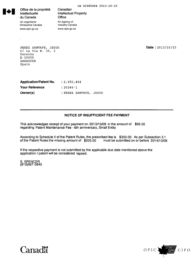 Document de brevet canadien 2685464. Taxes 20131015. Image 1 de 2