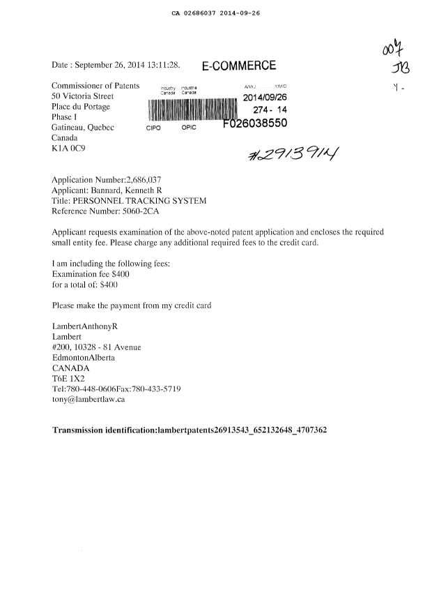 Document de brevet canadien 2686037. Poursuite-Amendment 20140926. Image 1 de 1