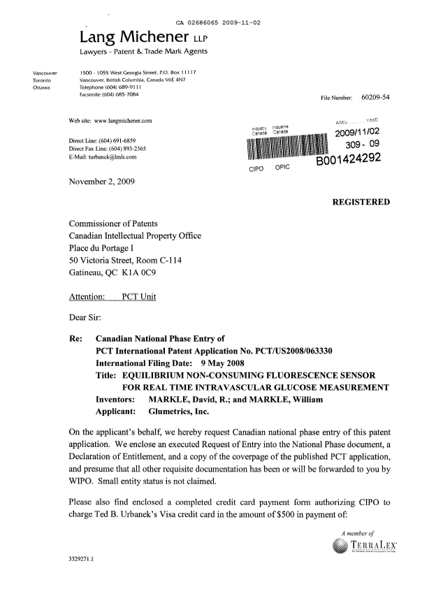 Document de brevet canadien 2686065. Cession 20091102. Image 1 de 6