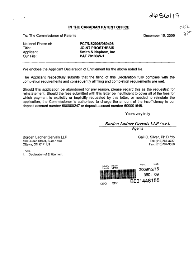Canadian Patent Document 2686119. Correspondence 20081215. Image 1 of 2