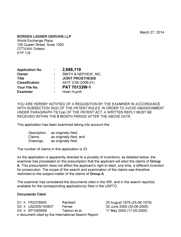 Canadian Patent Document 2686119. Prosecution-Amendment 20131227. Image 1 of 3