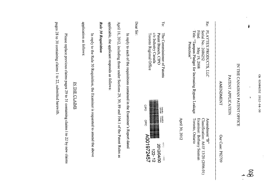 Canadian Patent Document 2686252. Prosecution-Amendment 20120430. Image 1 of 6