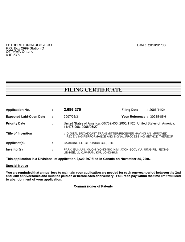 Document de brevet canadien 2686275. Correspondance 20100108. Image 1 de 1