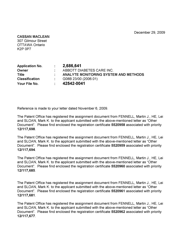 Document de brevet canadien 2686641. Correspondance 20091229. Image 1 de 2