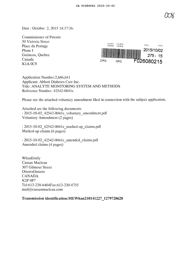 Document de brevet canadien 2686641. Modification 20151002. Image 1 de 13