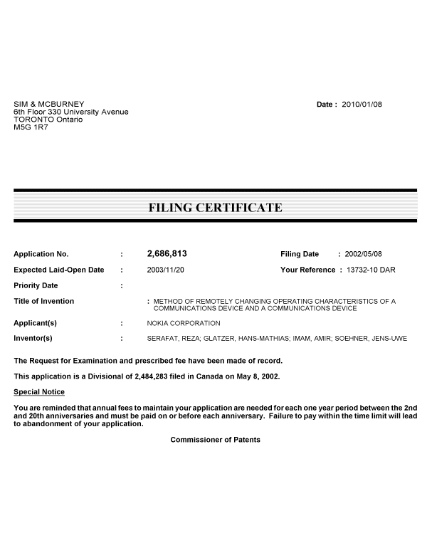 Document de brevet canadien 2686813. Correspondance 20100108. Image 1 de 1