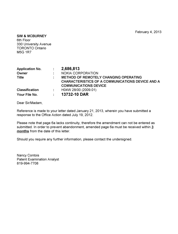 Document de brevet canadien 2686813. Correspondance 20130204. Image 1 de 1
