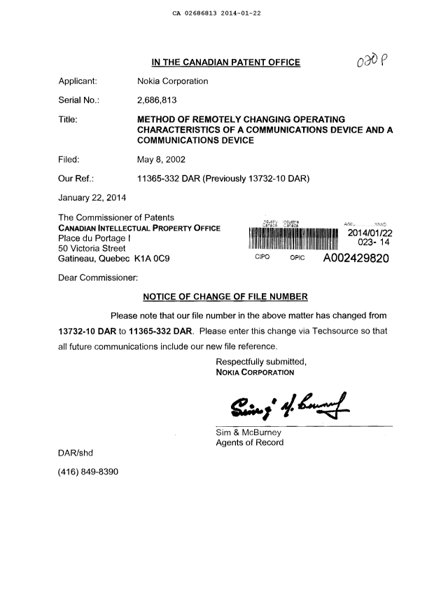 Document de brevet canadien 2686813. Correspondance 20140122. Image 1 de 1