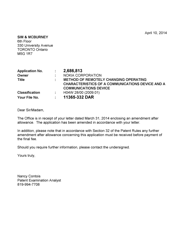 Document de brevet canadien 2686813. Correspondance 20140410. Image 1 de 1