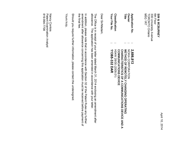 Canadian Patent Document 2686813. Correspondence 20140410. Image 1 of 1