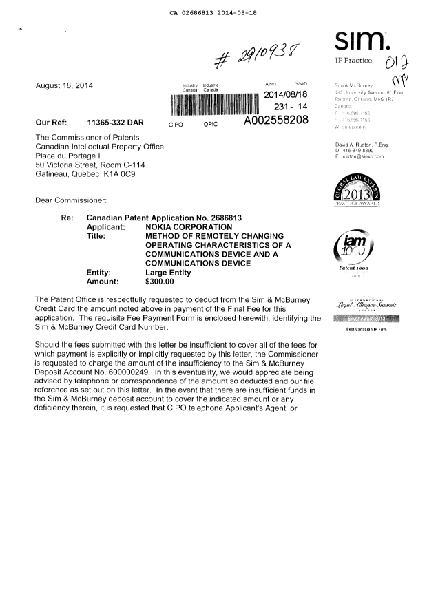 Document de brevet canadien 2686813. Correspondance 20140818. Image 1 de 2