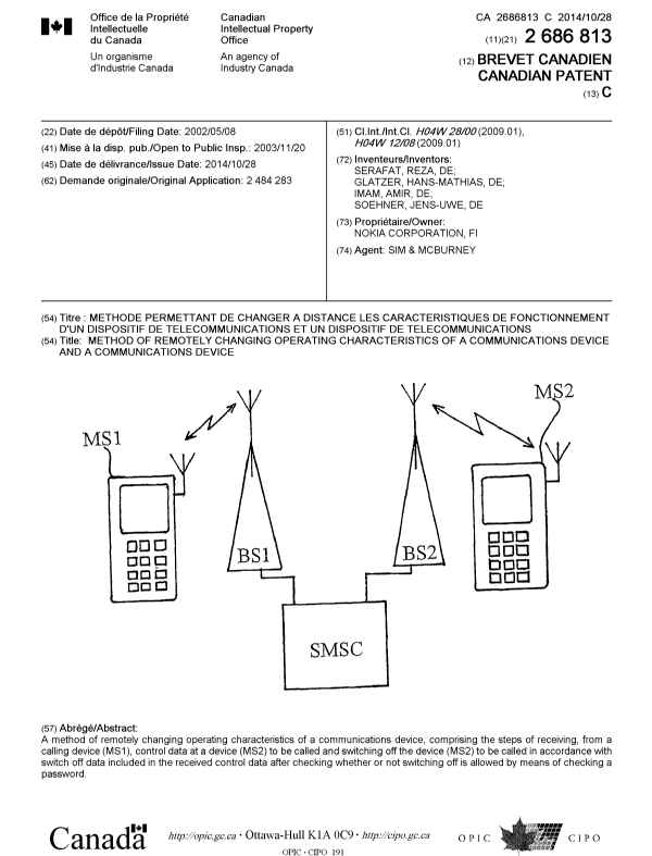 Document de brevet canadien 2686813. Page couverture 20140930. Image 1 de 1
