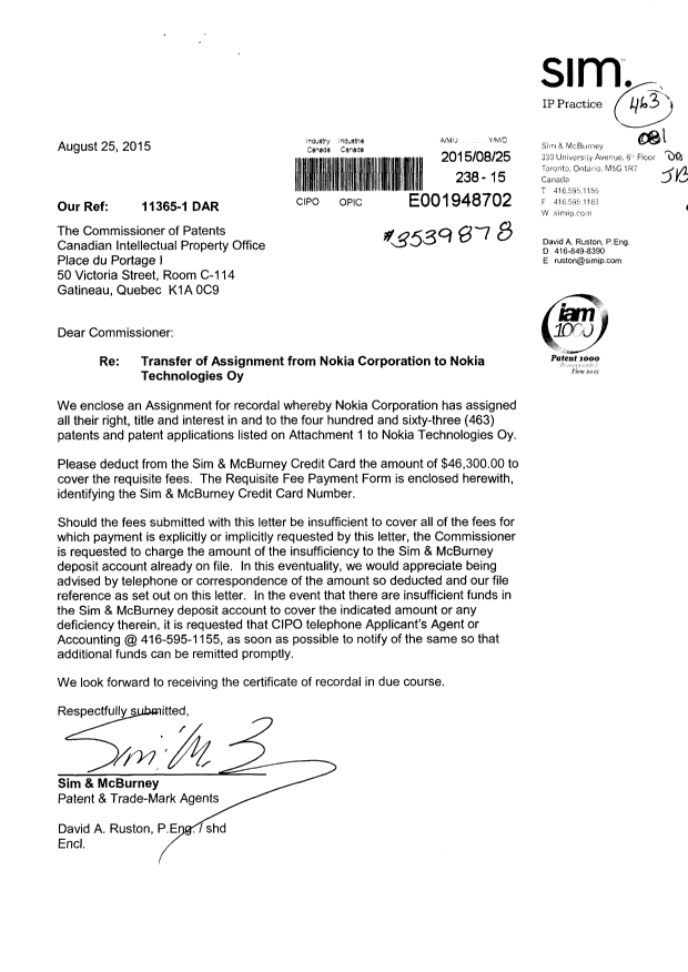 Document de brevet canadien 2686813. Cession 20150825. Image 1 de 12