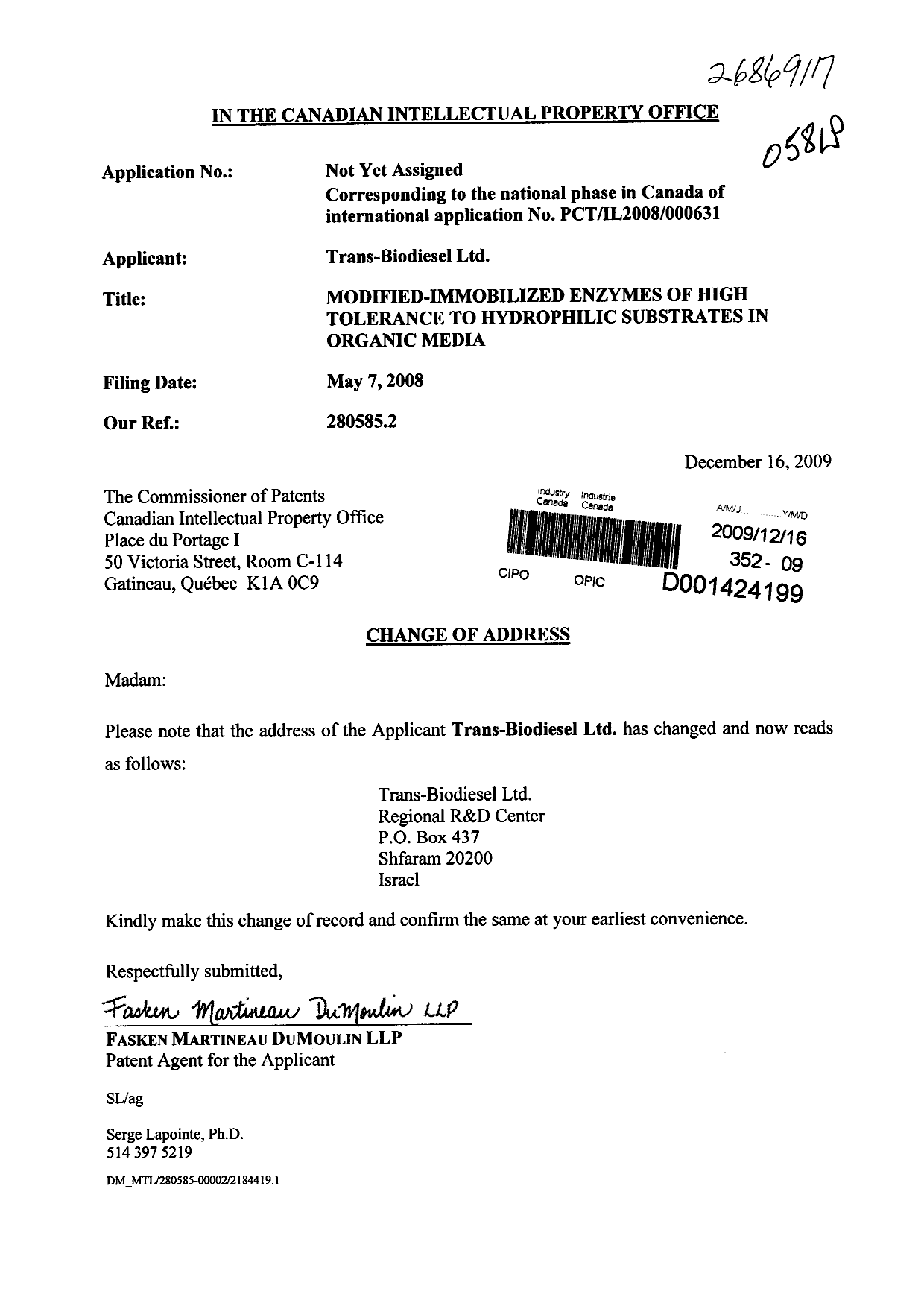 Document de brevet canadien 2686917. Correspondance 20081216. Image 1 de 1