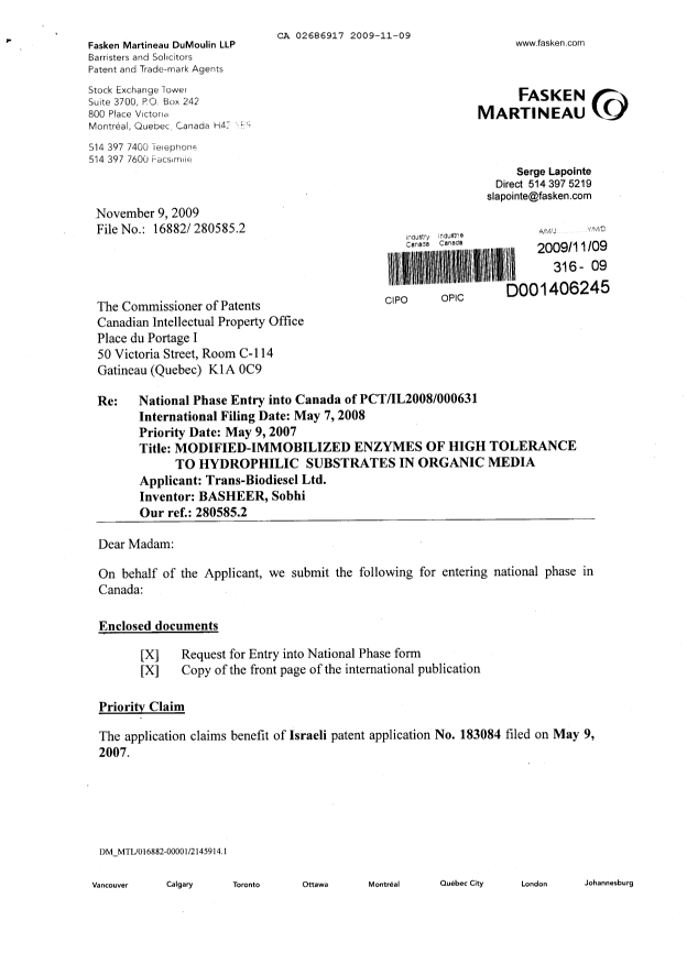 Document de brevet canadien 2686917. Cession 20091109. Image 1 de 4