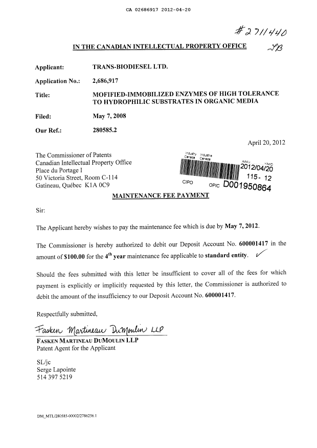 Document de brevet canadien 2686917. Taxes 20111220. Image 1 de 1