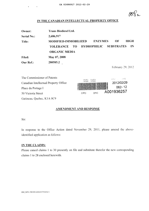 Canadian Patent Document 2686917. Prosecution-Amendment 20111229. Image 1 of 23