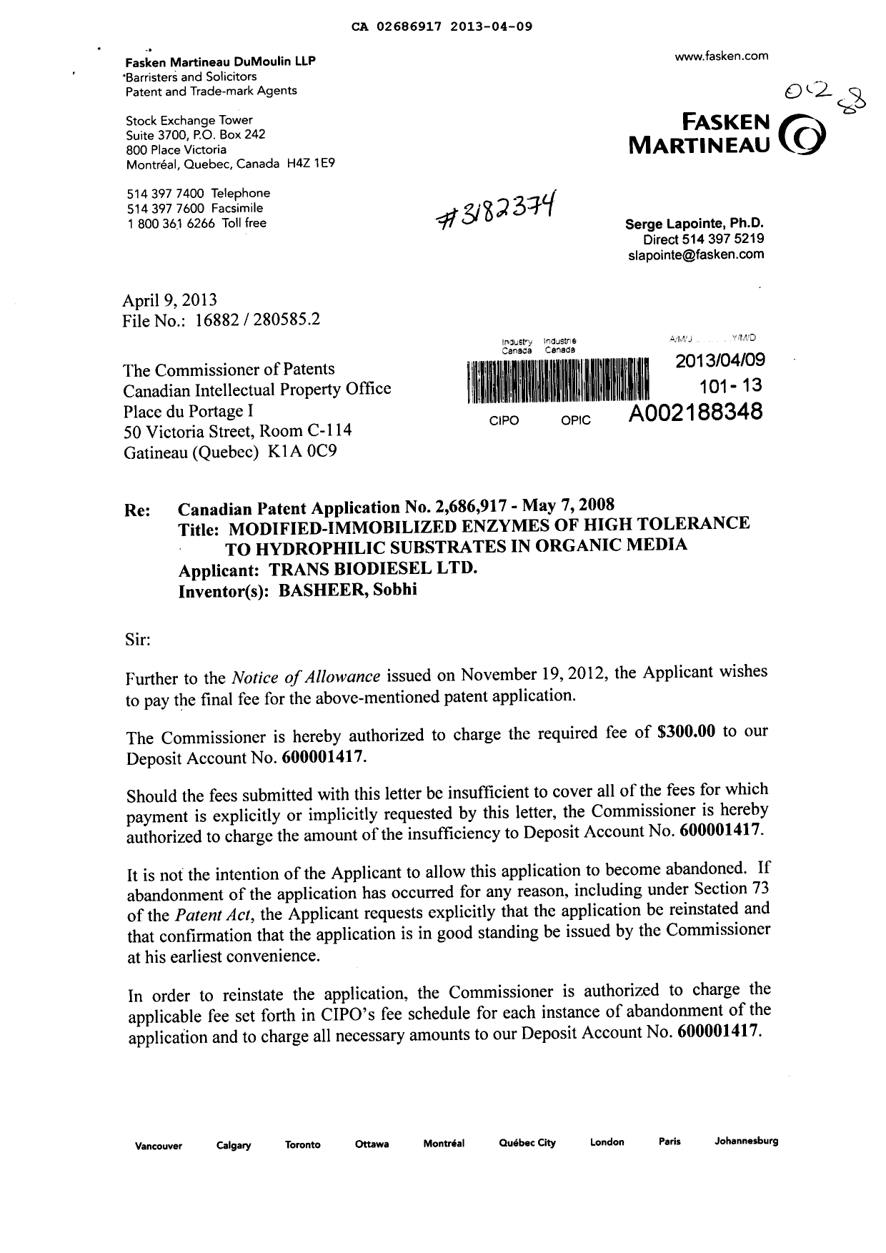 Document de brevet canadien 2686917. Correspondance 20121209. Image 1 de 2