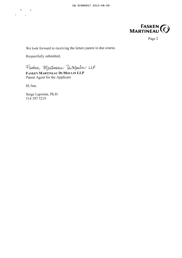 Document de brevet canadien 2686917. Correspondance 20121209. Image 2 de 2