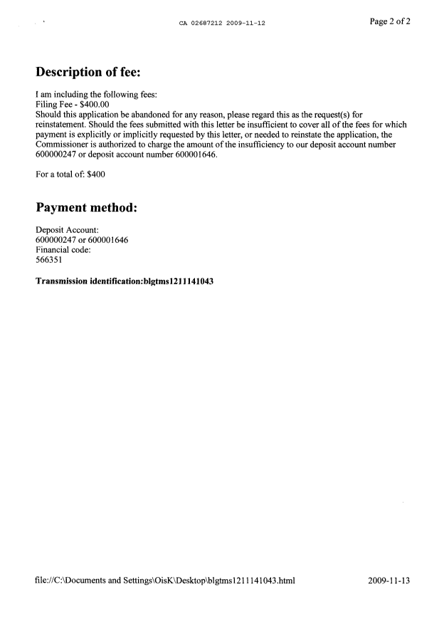 Document de brevet canadien 2687212. Cession 20091112. Image 3 de 3