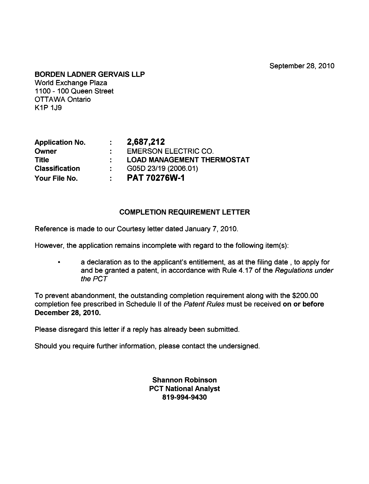Document de brevet canadien 2687212. Correspondance 20091228. Image 1 de 1