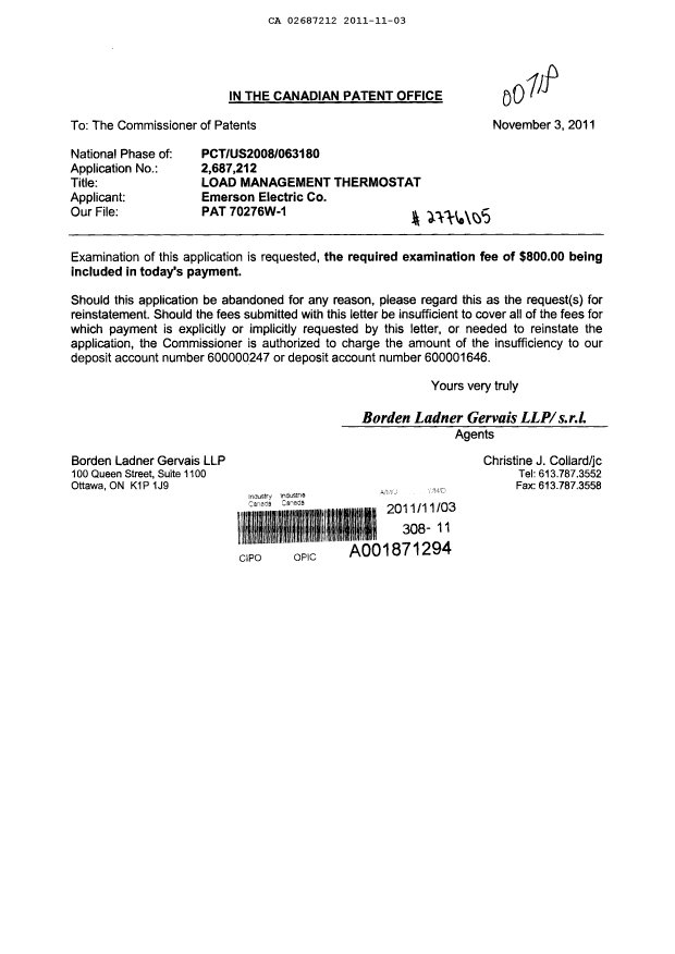 Document de brevet canadien 2687212. Poursuite-Amendment 20101203. Image 1 de 1