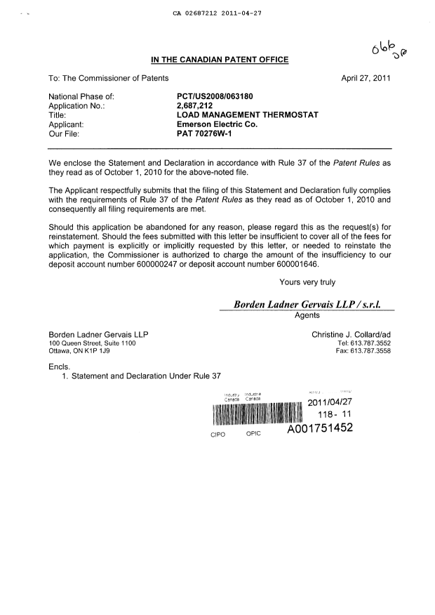 Canadian Patent Document 2687212. Correspondence 20101227. Image 1 of 2