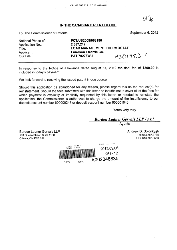 Document de brevet canadien 2687212. Correspondance 20111206. Image 1 de 1