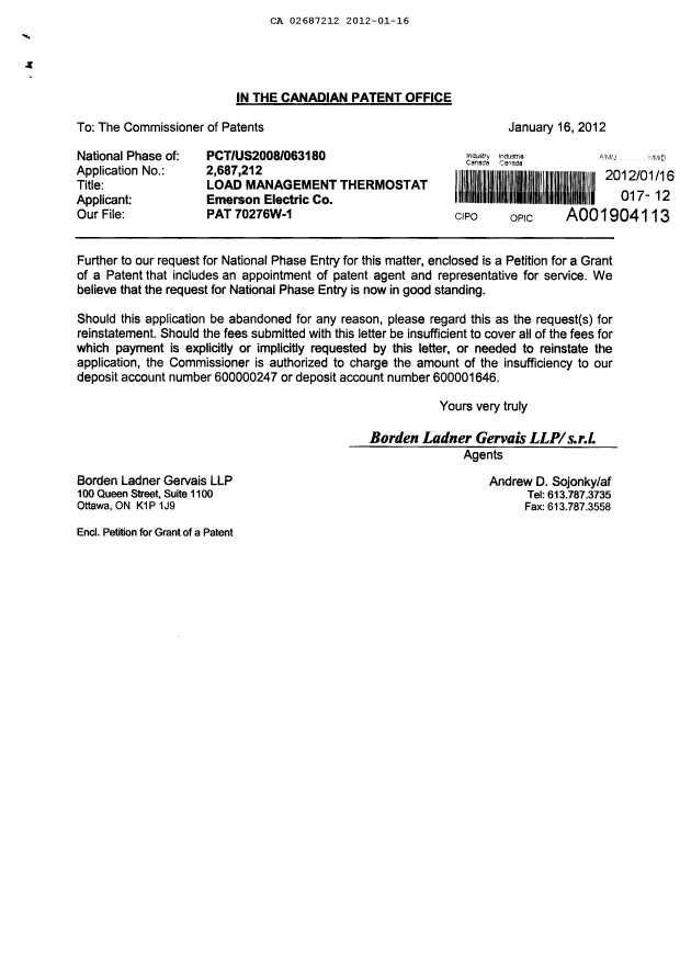 Canadian Patent Document 2687212. Correspondence 20111216. Image 1 of 3