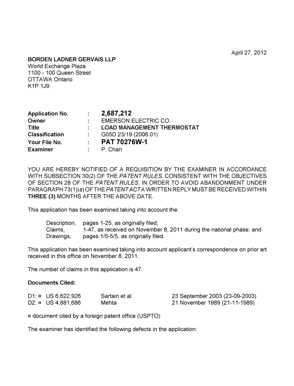 Canadian Patent Document 2687212. Prosecution-Amendment 20111227. Image 1 of 5