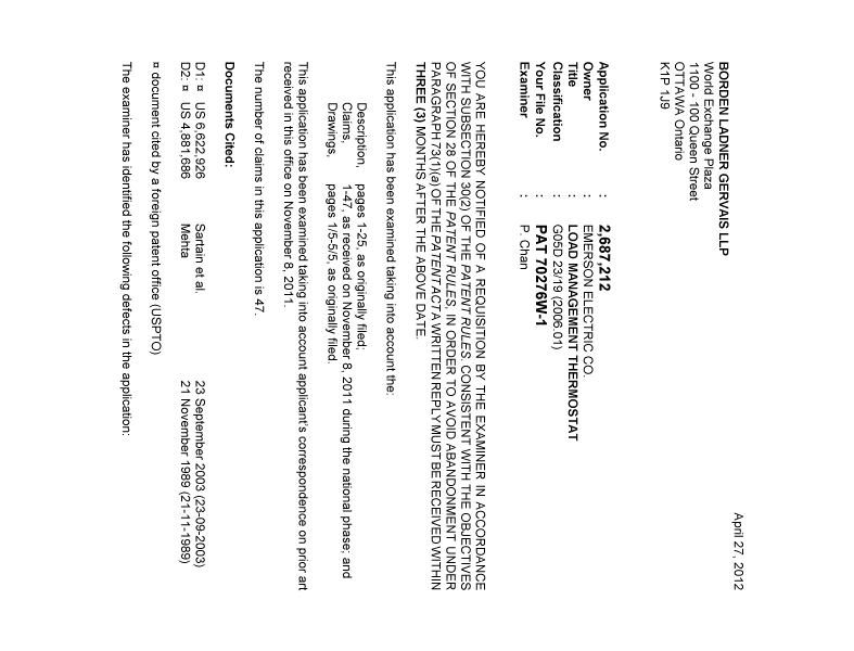 Canadian Patent Document 2687212. Prosecution-Amendment 20111227. Image 1 of 5