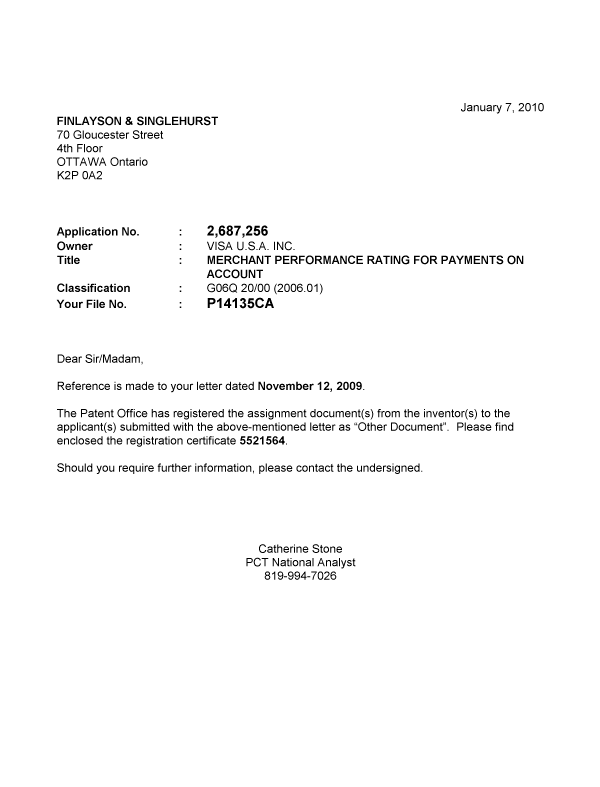 Canadian Patent Document 2687256. Correspondence 20100107. Image 1 of 1