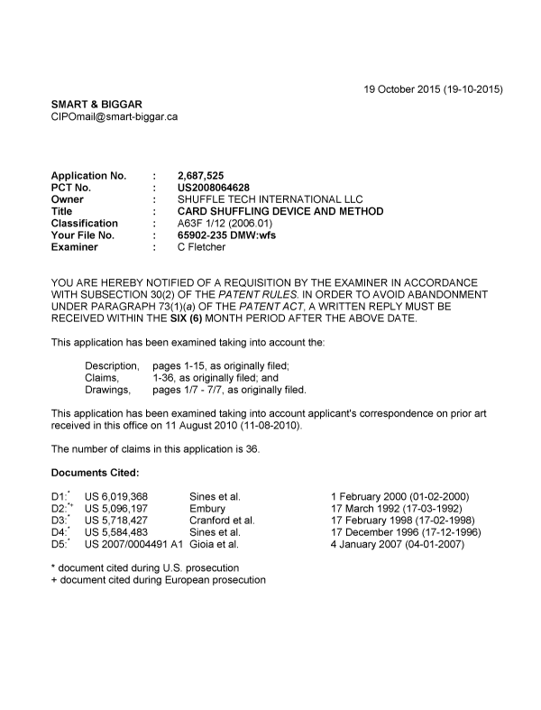 Document de brevet canadien 2687525. Demande d'examen 20151019. Image 1 de 6