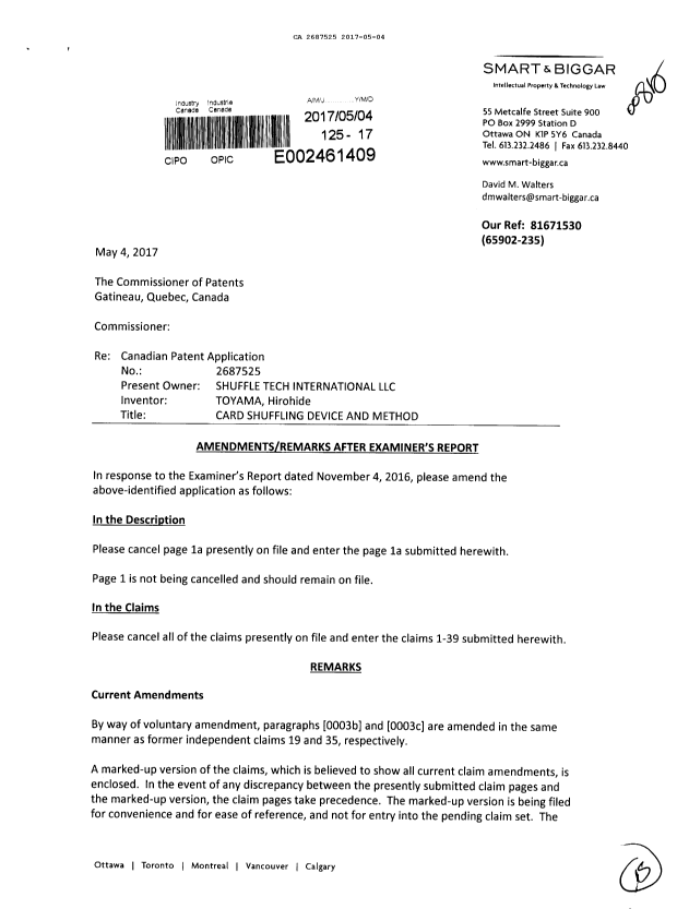 Document de brevet canadien 2687525. Modification 20170504. Image 1 de 15