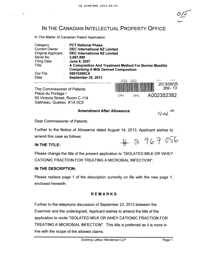 Canadian Patent Document 2687890. Prosecution-Amendment 20130925. Image 1 of 3