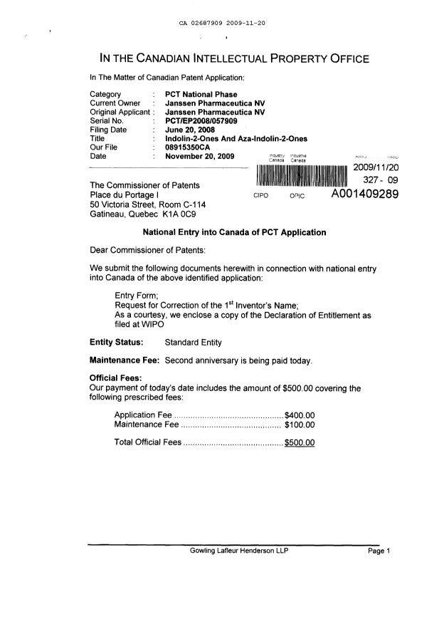 Canadian Patent Document 2687909. Assignment 20091120. Image 1 of 5