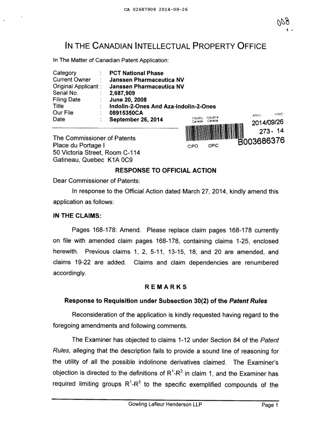 Canadian Patent Document 2687909. Prosecution-Amendment 20131226. Image 1 of 16